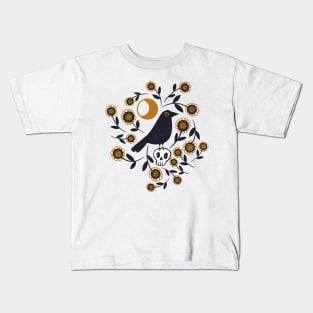 Crow on Skull under the Moon Surrounded by Flowers Kids T-Shirt